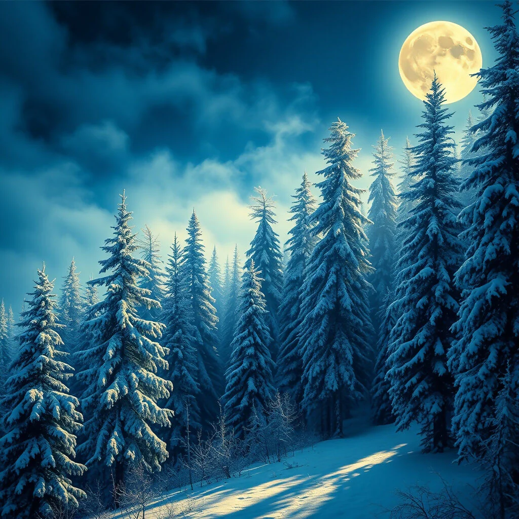 A snowy boreal forest under a full moon