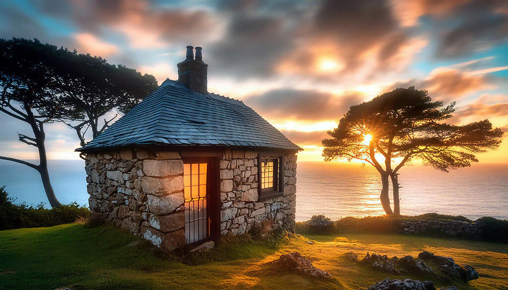 A stone house at sunrise