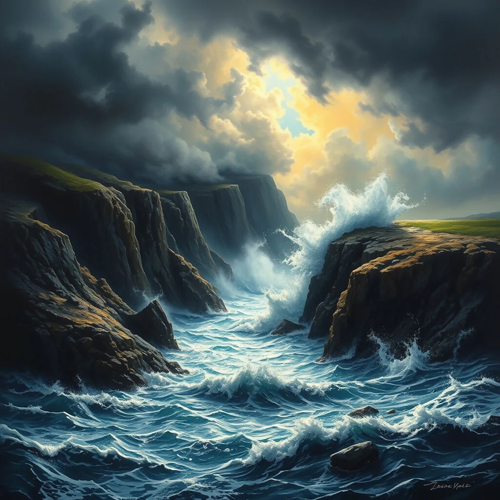 A storm-tossed coastline crashing waves against jagged cliffs