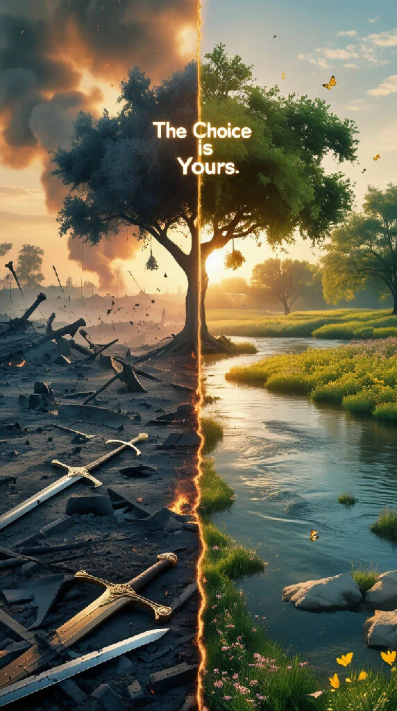 A stunning 3D high-definition split landscape showing two contrasting worlds