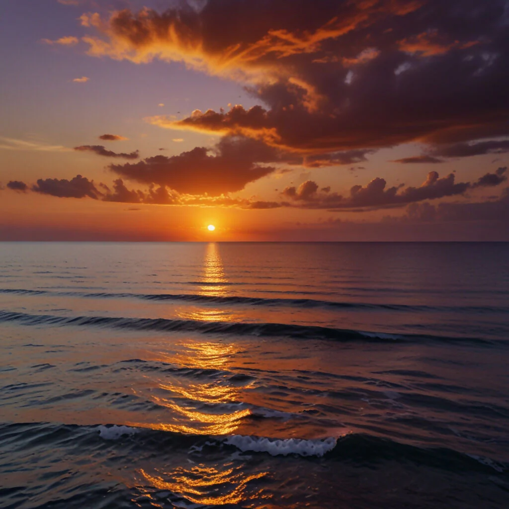 A stunning sunset over a tranquil ocean, with the sky painted in shades of orange, pink, and purple 2