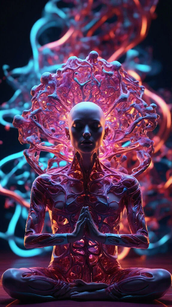 A surreal 3D image of a human figure meditatin
