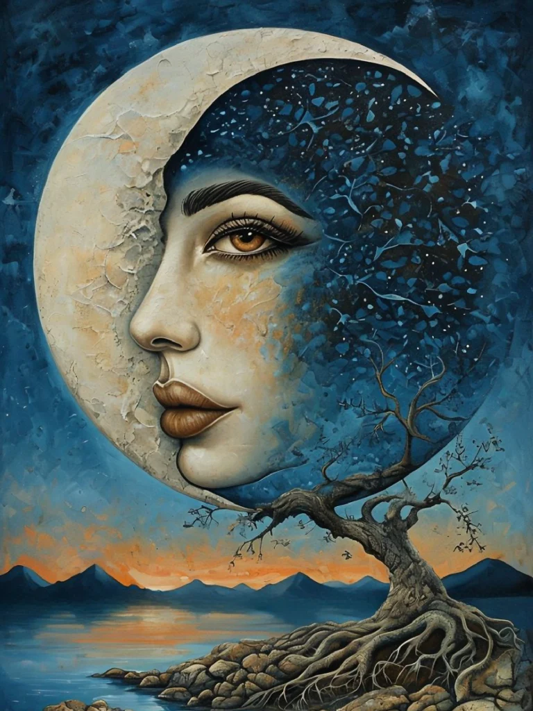 A surreal and dreamlike digital painting depicting a woman's face merging with a crescent moon