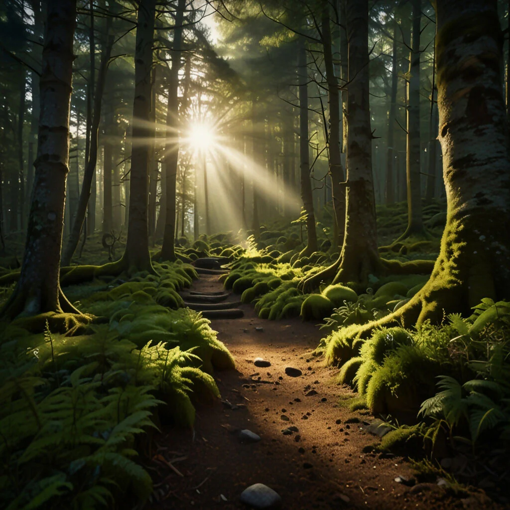 A tranquil forest path with sunlight streaming through the trees and a carpet of moss