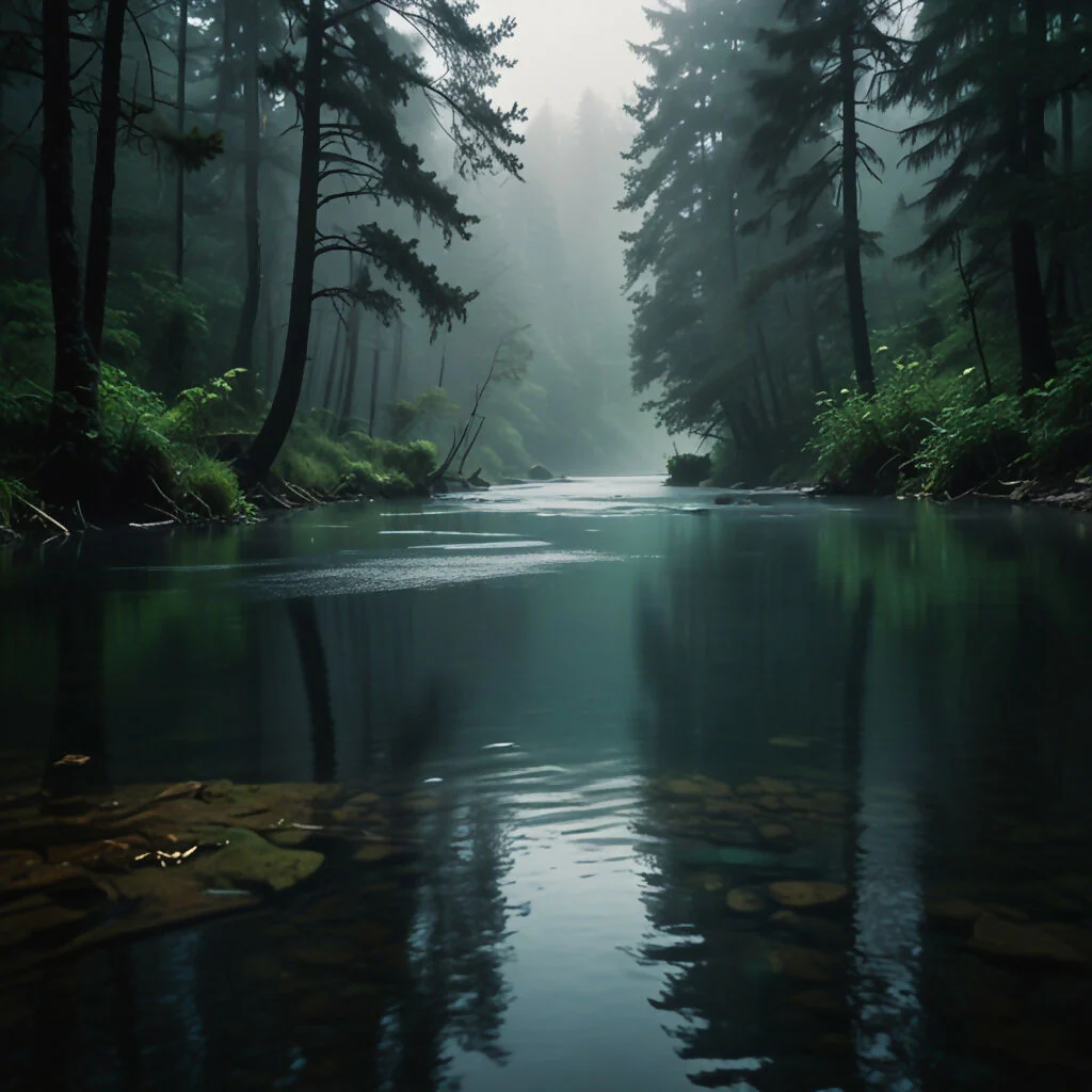 A tranquil river flowing through a dense forest with mist rising from the water