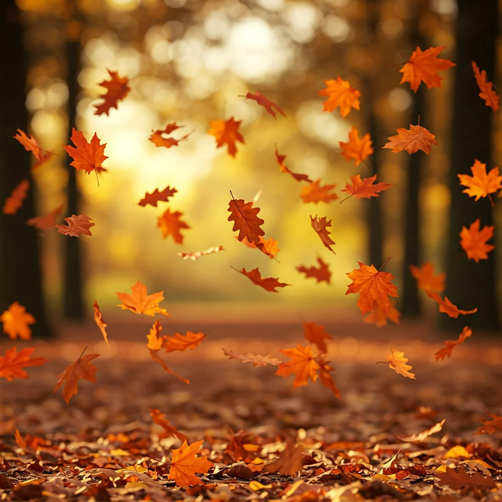 a vibrant autumnal scene with a multitude of falling