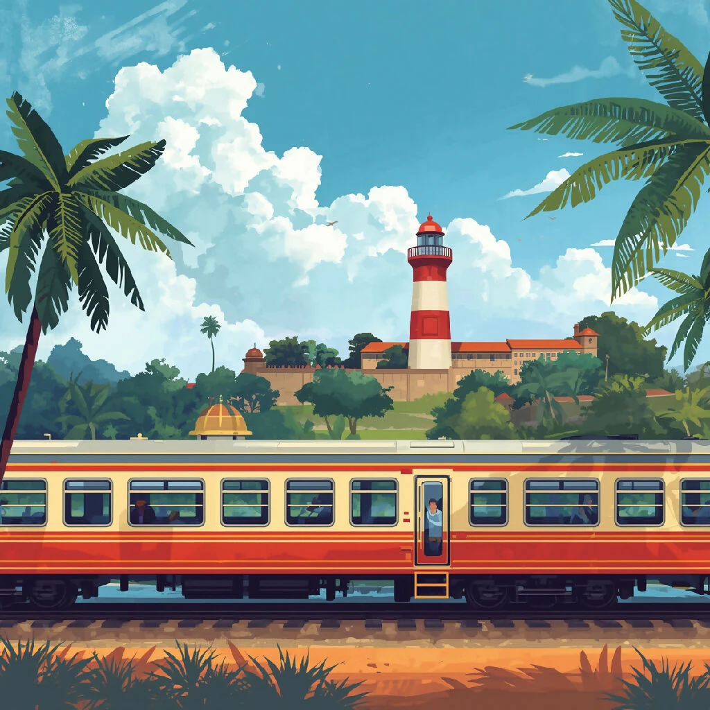 A vibrant travel-themed profile picture featuring a scenic view of Galle Fort with its iconic lighthouse in the background. In the foreground, a colorful Sri Lankan train is passing by, symbolizing the journey to Galle. The scene should feel joyful, adven