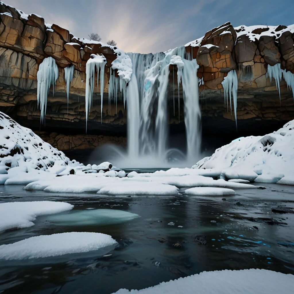 A waterfall partially frozen with icicles hanging from the rocks
