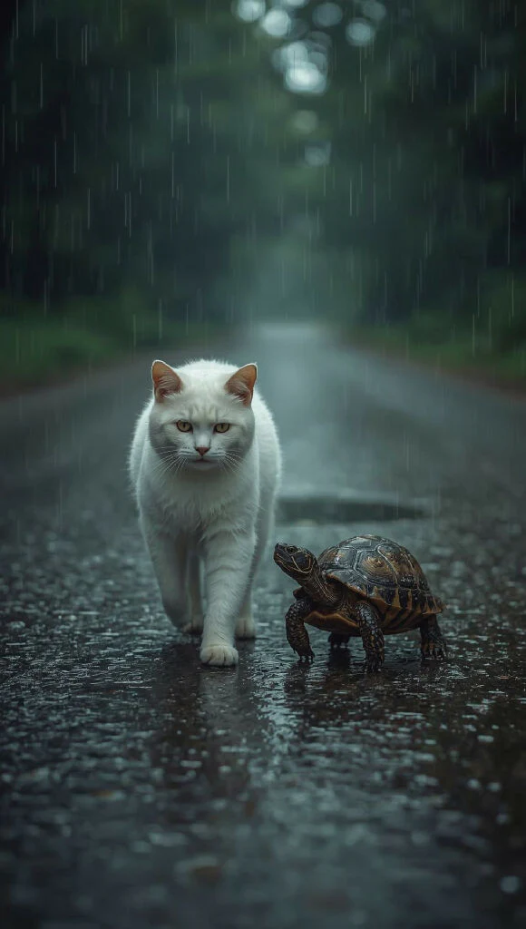 A white cat and a turtle walking together in the rain