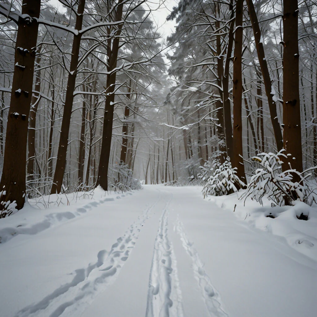 A winding path through a snowy forest with footprints leading the way