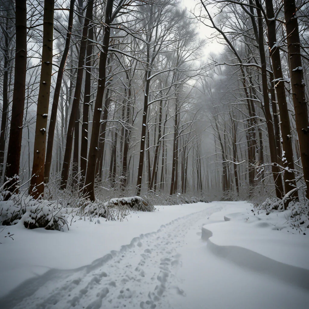 A winding path through a snowy forest with footprints leading the way - Image 2
