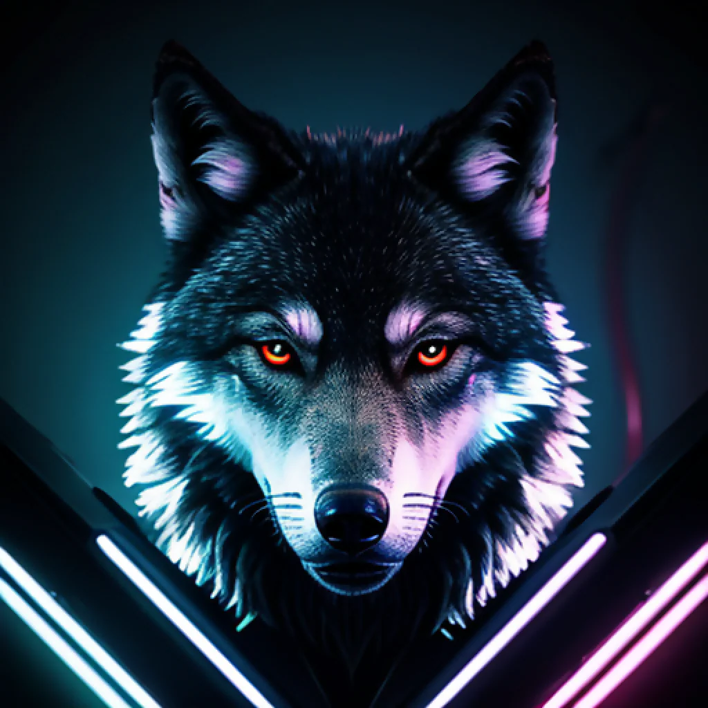A wolf with neon lights reflecting in its eyes