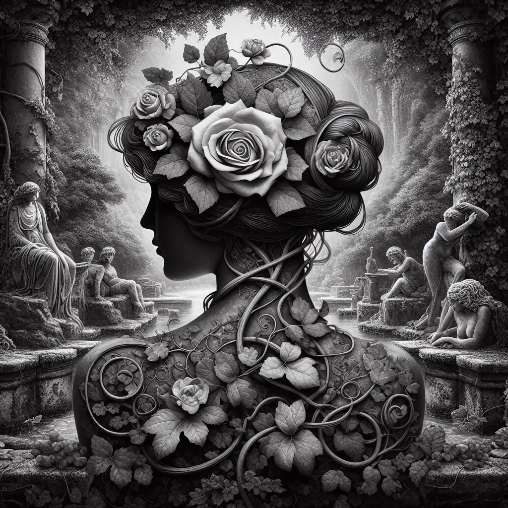 A Woman Draped in Ivy with a Rose Crown