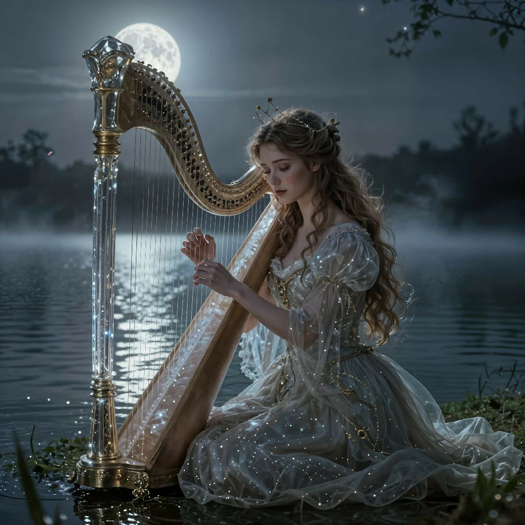 "A Woman Playing The Harp Under The Moonlight"