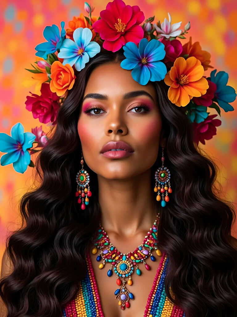 A woman with long dark hair and a bright smile, adorned with a vibrant floral crown on her head,