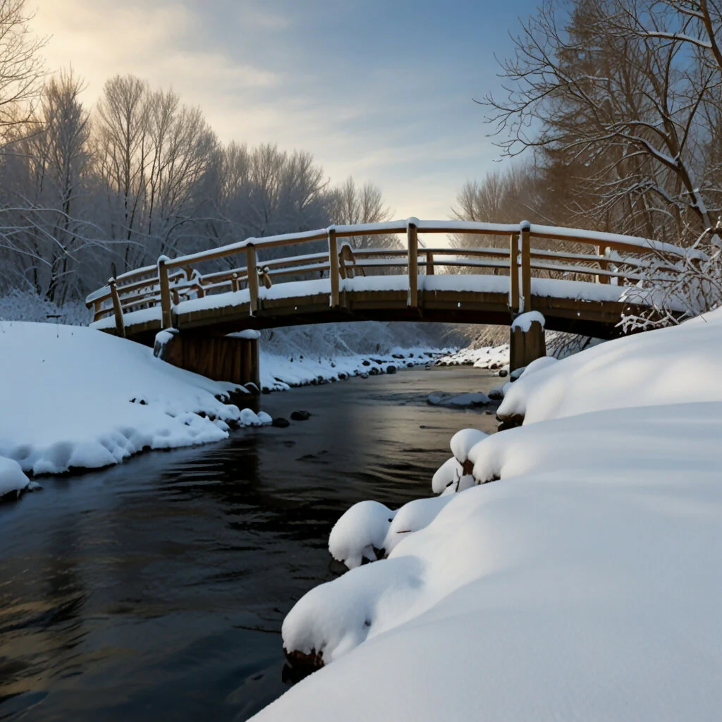 A wooden bridge covered in snow, spanning a frozen stream