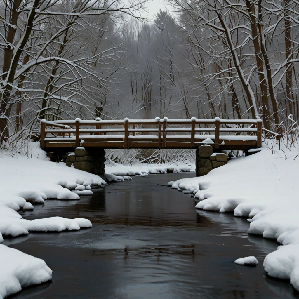 A wooden bridge covered in snow, spanning a frozen stream - Image 2