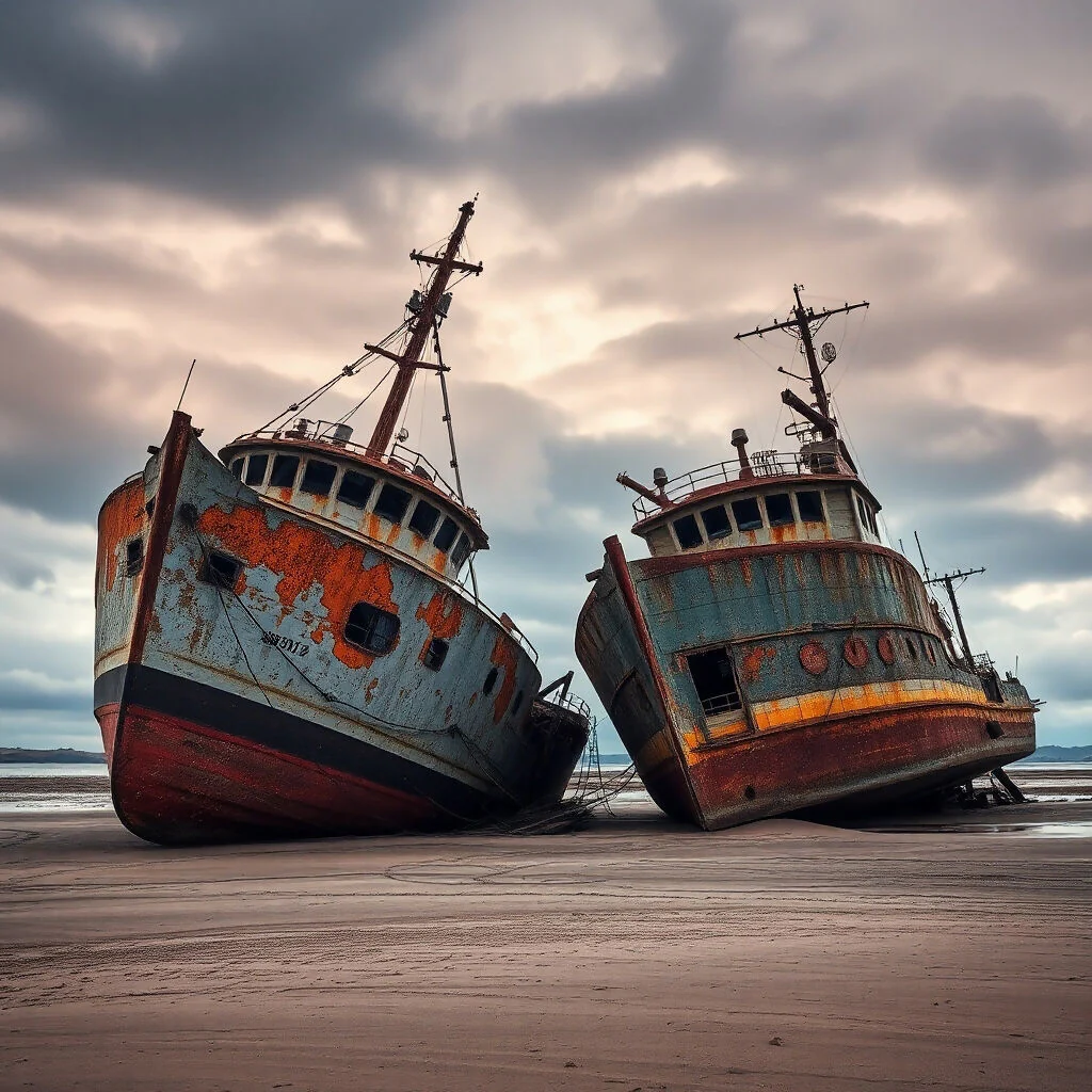 Abandoned Rusty Ships on Desolate Beach