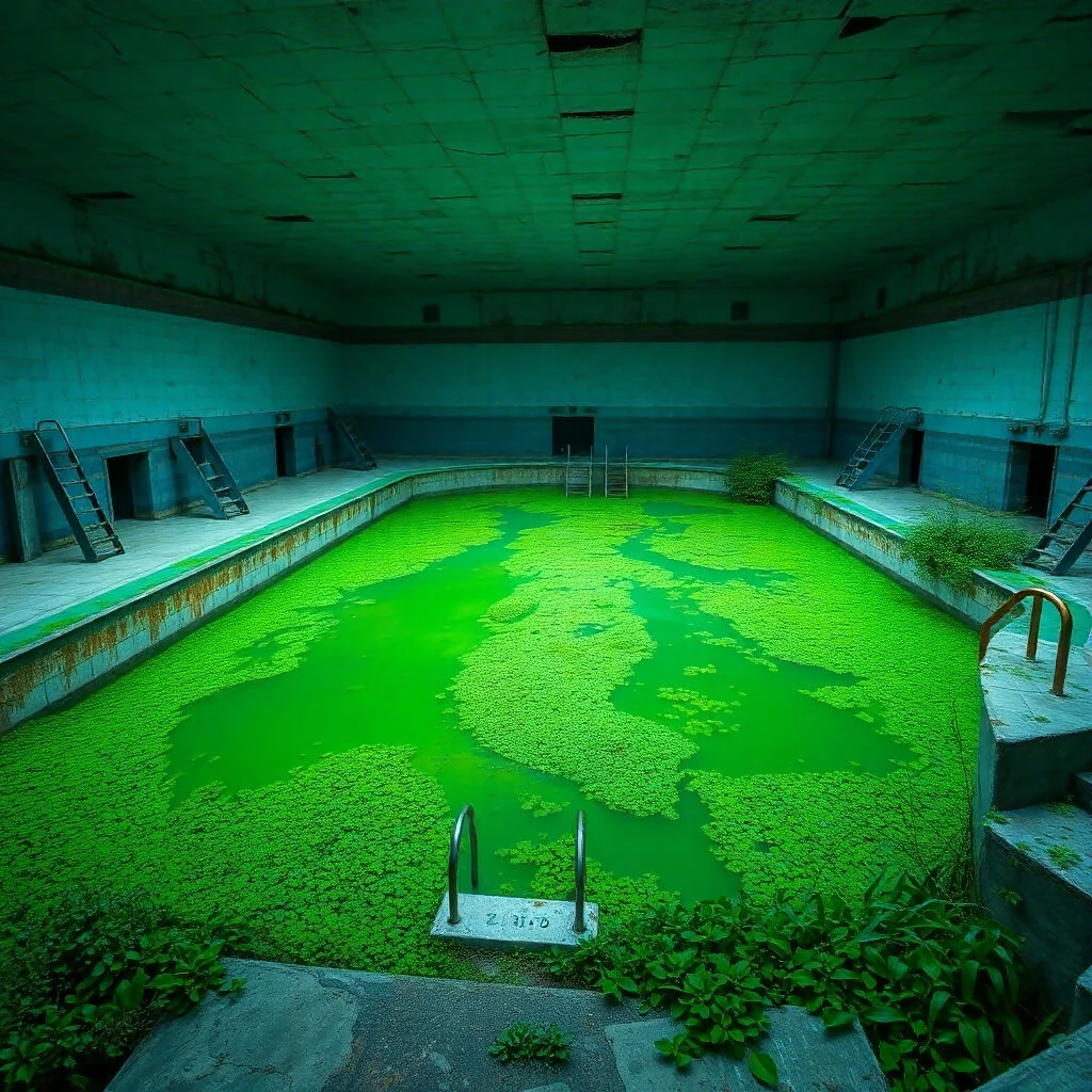 Abandoned Swimming Pool with Eerie Green Water