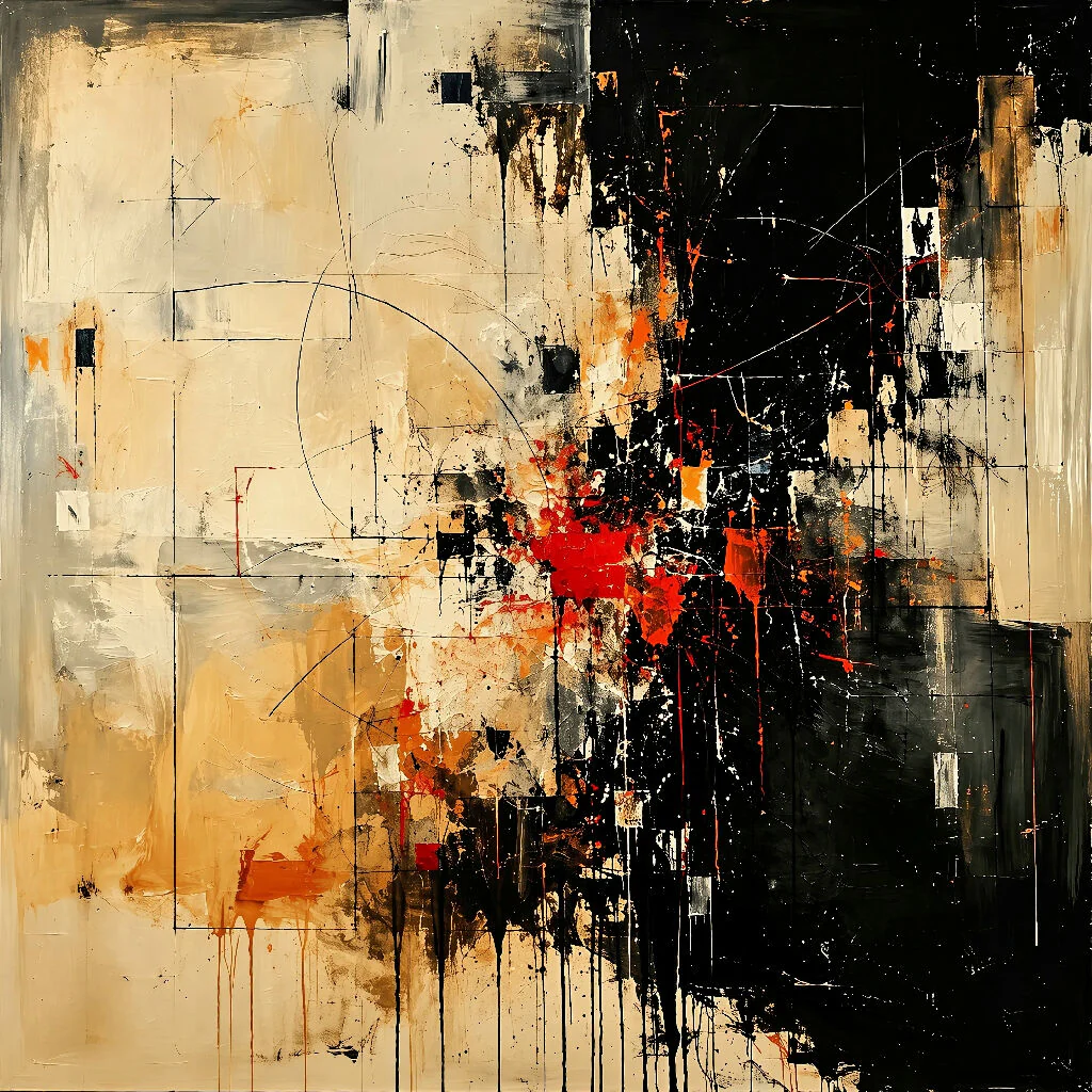 Abstract Expressionist AI Art | Black, Ivory & Crimson Modern Canvas