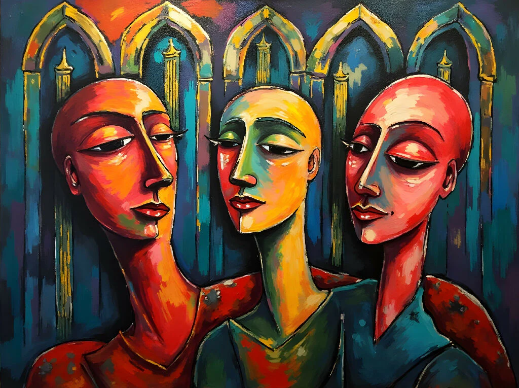 Abstract Expressionist Painting of Three Surreal Figures