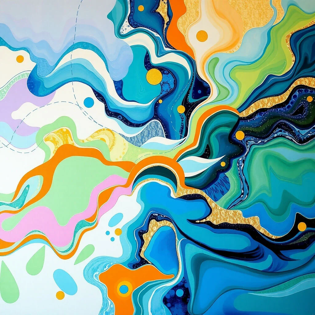 Abstract Fluid Art with Vibrant Colors and Gold Accents