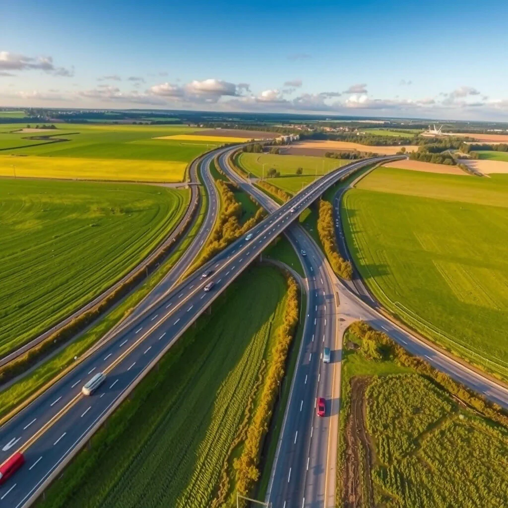 Aerial View of Highway Interchange Through Green Agricultural Fields