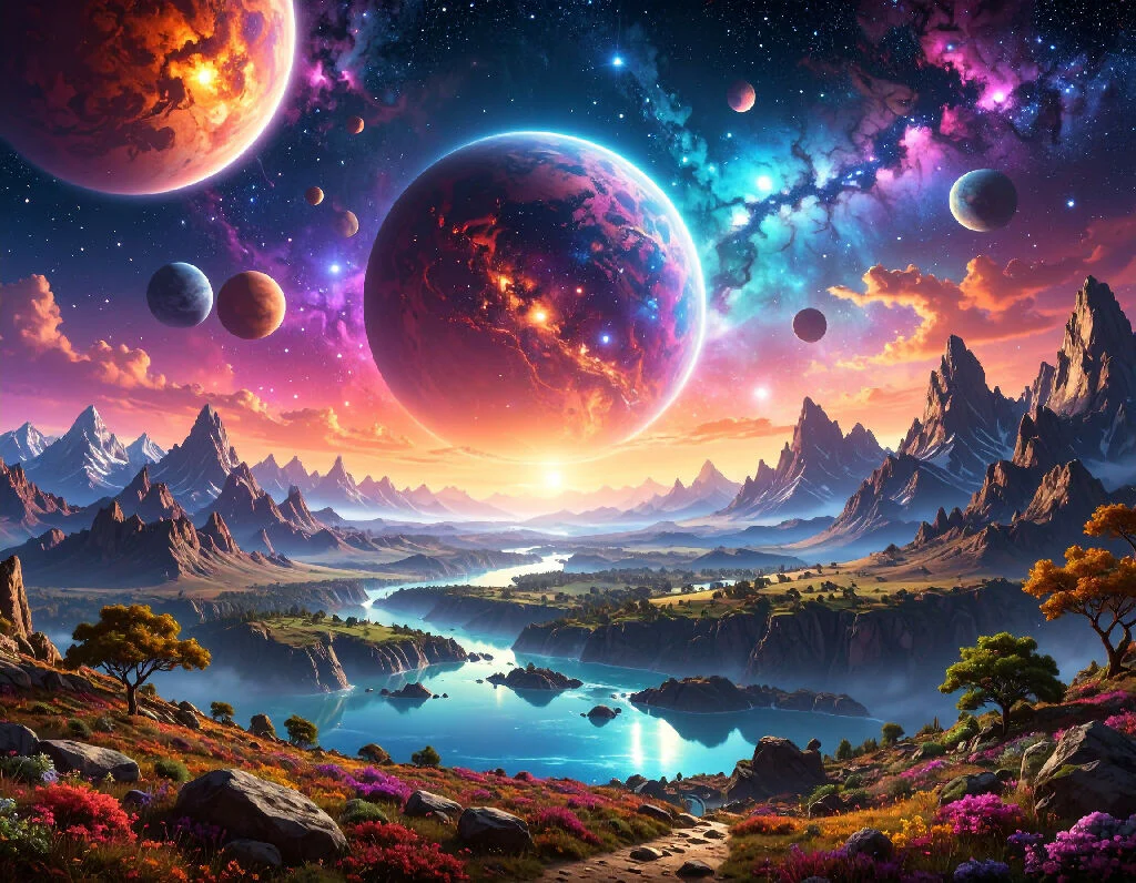 Alien Planet Landscape with Twin Moons