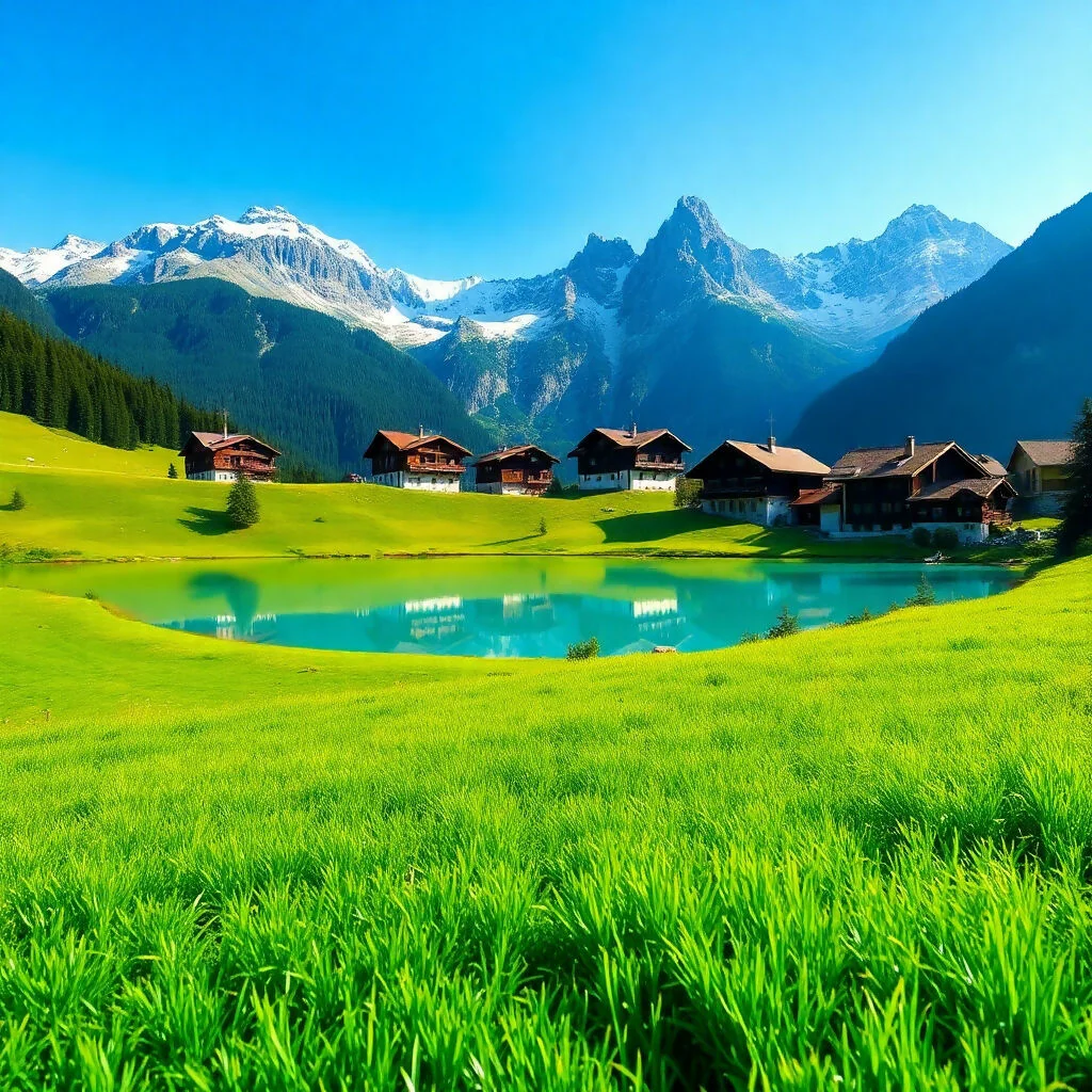 Alpine Village with Turquoise Lake and Snow-Capped Mountain Peaks
