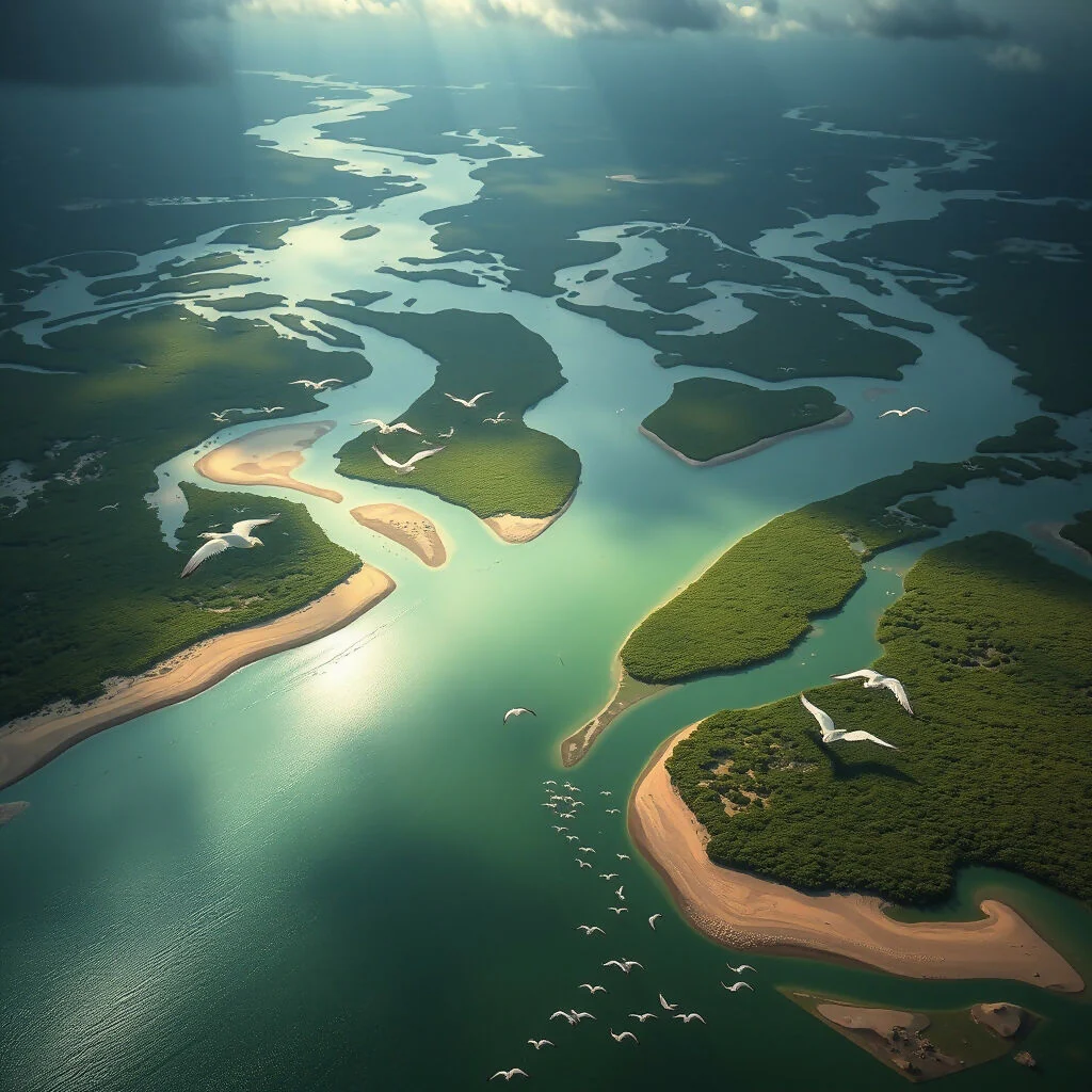 An aerial view of a winding river delta