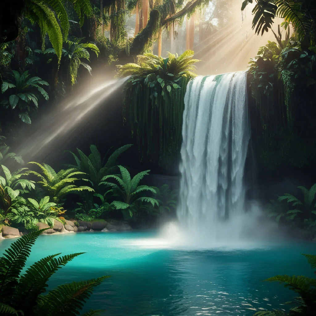 An immersive rainforest waterfall glade