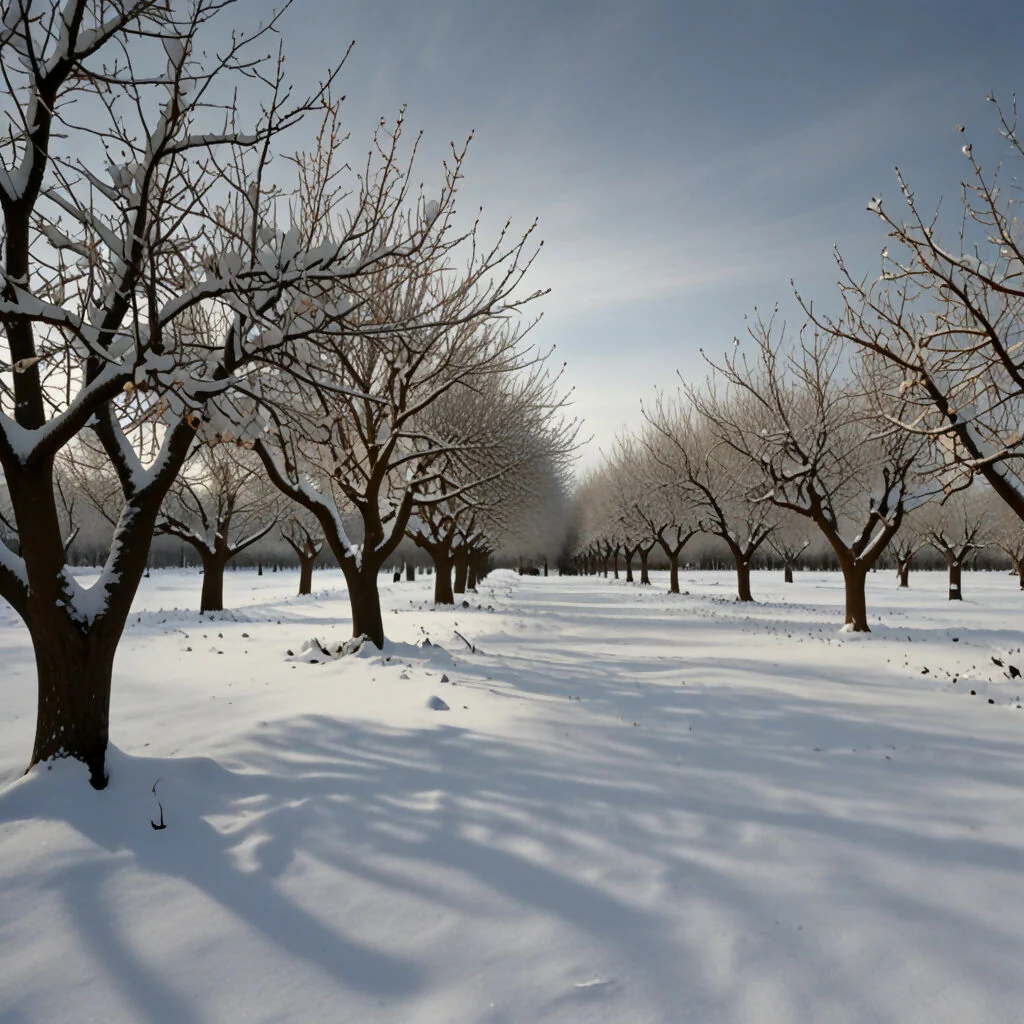 An orchard with bare fruit trees covered in snow