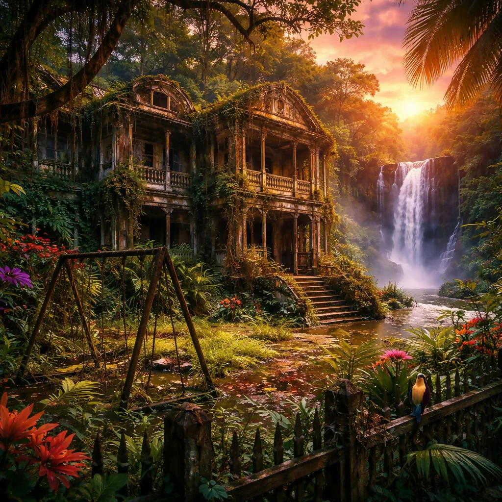 An ultra-realistic, magnificently designed, intricately detailed, 4D, 8K DSLR image of an abandoned, Deep jungle colonial-style home, beside a large waterfall, being reclaimed by the jungle. Decaying, rotting, overgrown with roots and small new growth, mo