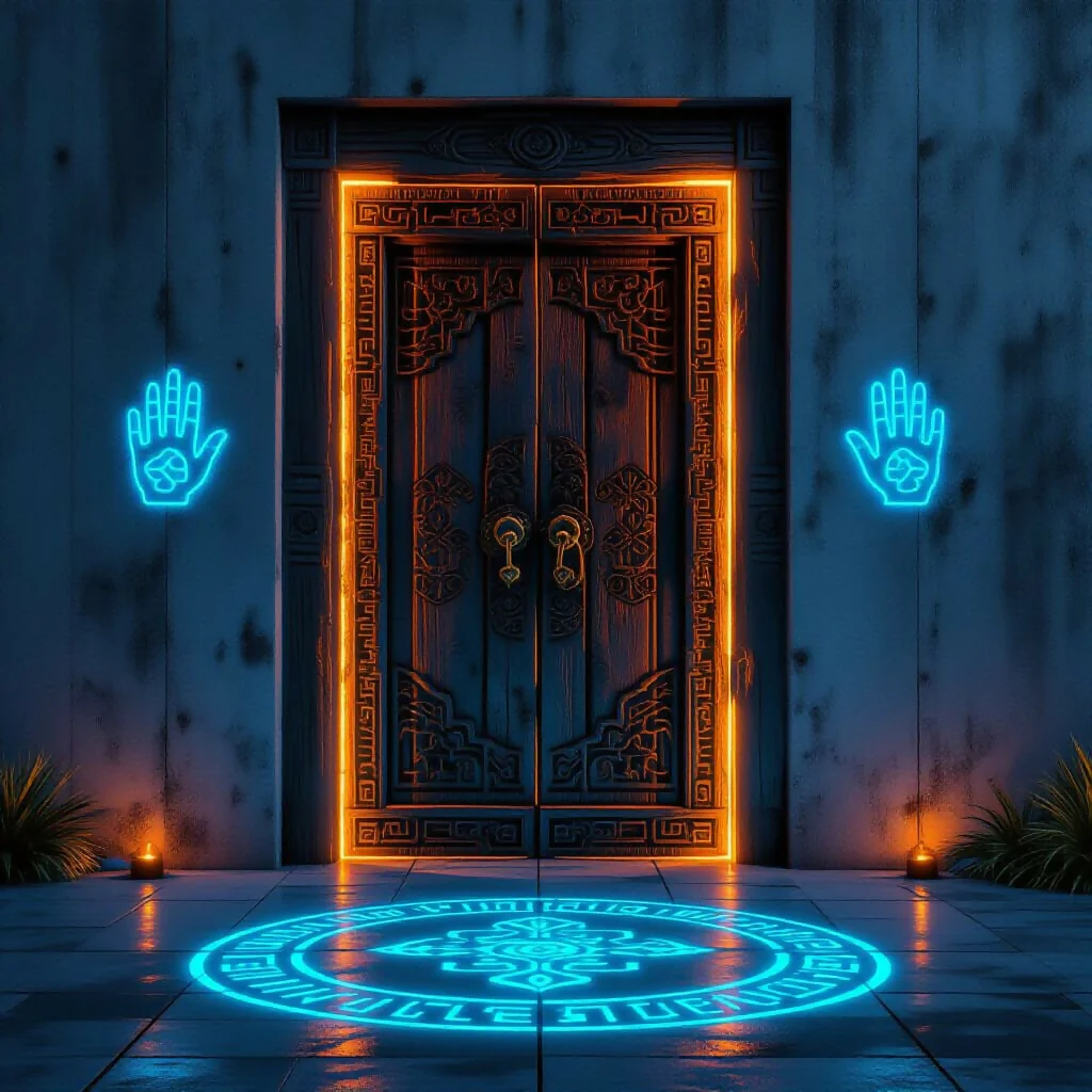 Ancient Door in Concrete Wall with Glowing Symbols