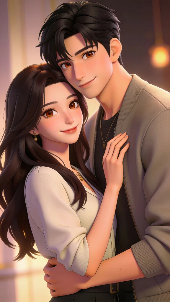 Anime 3D romantic couple, handsome man aged 25 and beautiful woman aged 24, short black hair and long dark-brown hair, warm brown eyes, fair skin, casual elegant clothing, loyal and sincere personalities, gentle smiles, emotional expressions, realistic an