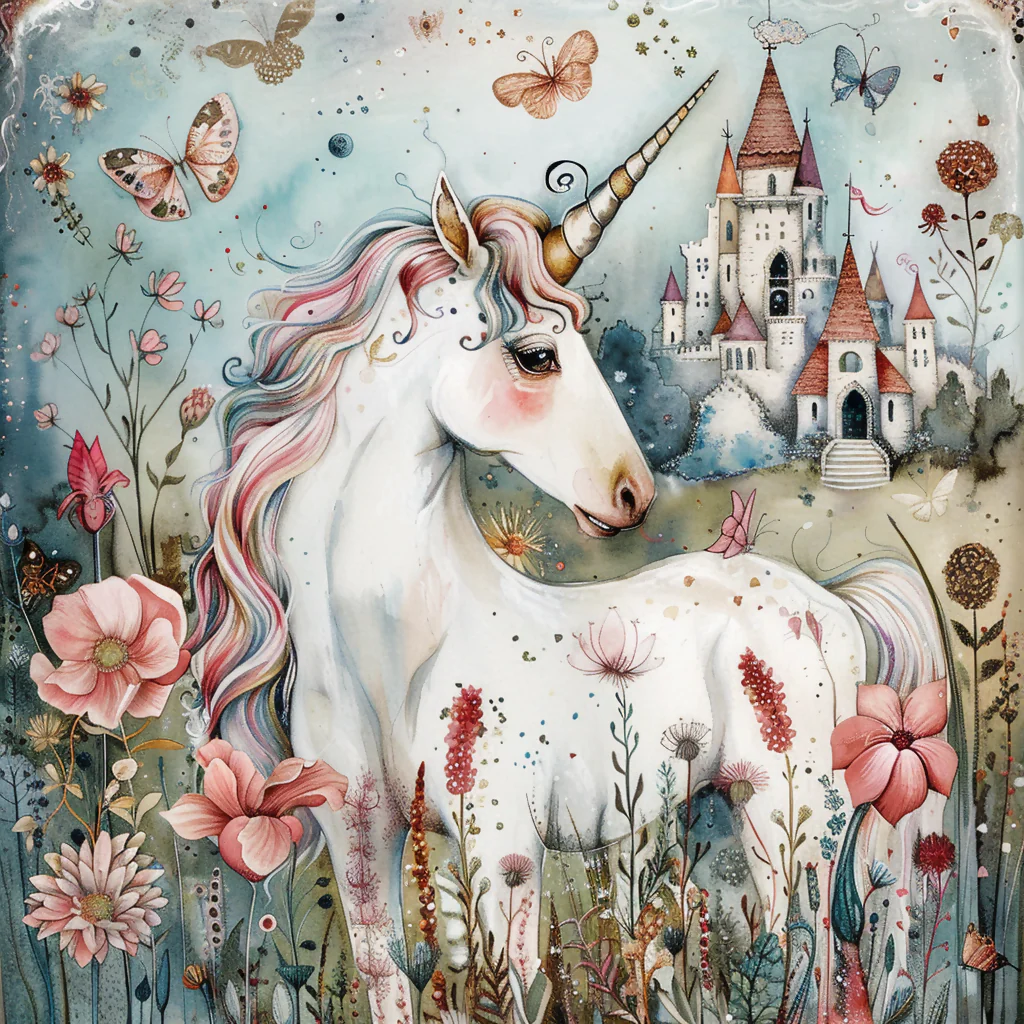 Aquarelle Unicorn and Fairy Castle