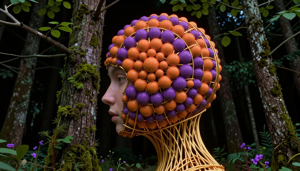 Artistic Head Sculpture with Spheres in Forest