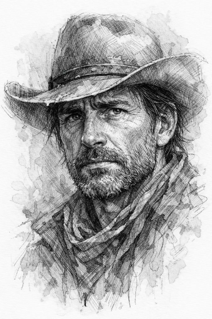 Artistic portrait photography of a concerned cowboy with a rugged face as the central focus, featuring delicate watercolor washes and subtle earthy skin tones blending with shadowed creases of worry, a furrowed brow and expressive eyes conveying quiet con