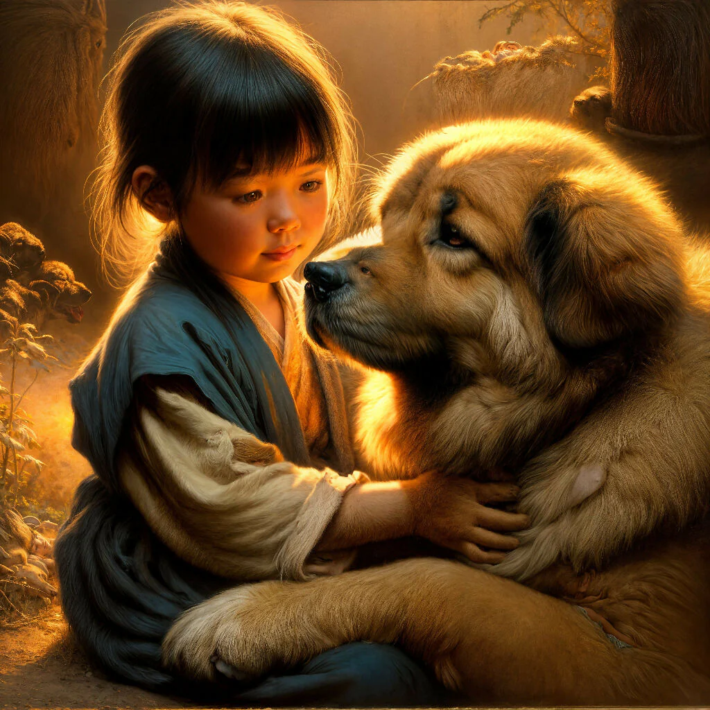 Asian child with a large dog