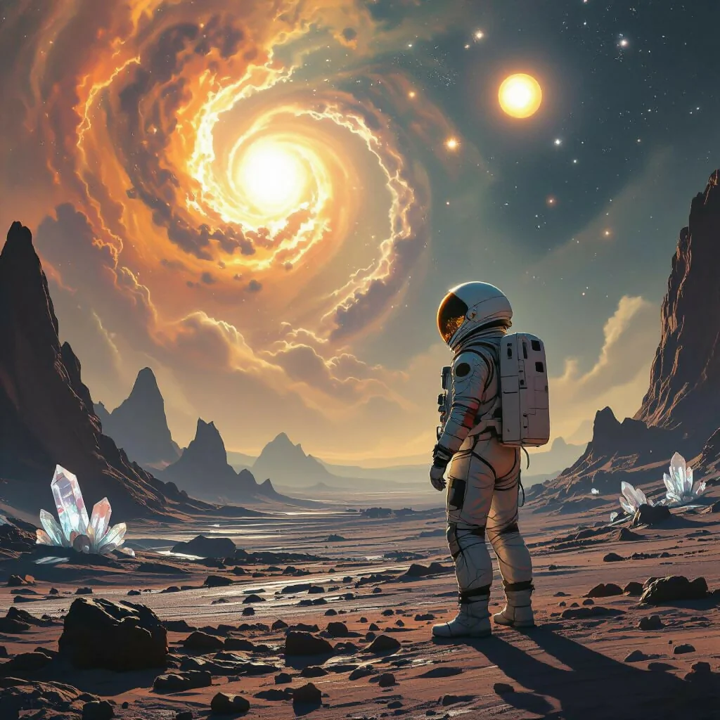 Astronaut Gazes at Nebulae on Alien World