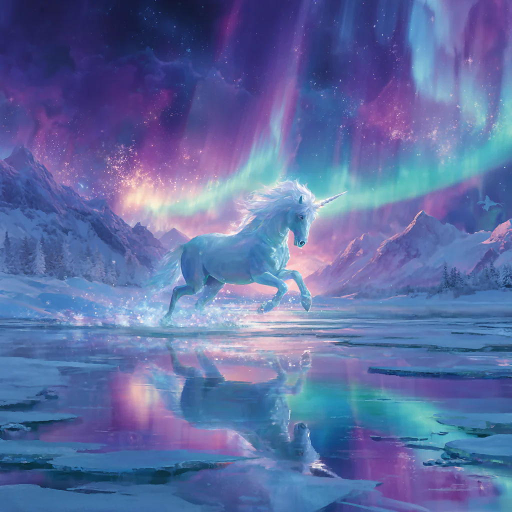 Aurora Unicorn on the Frozen Lake