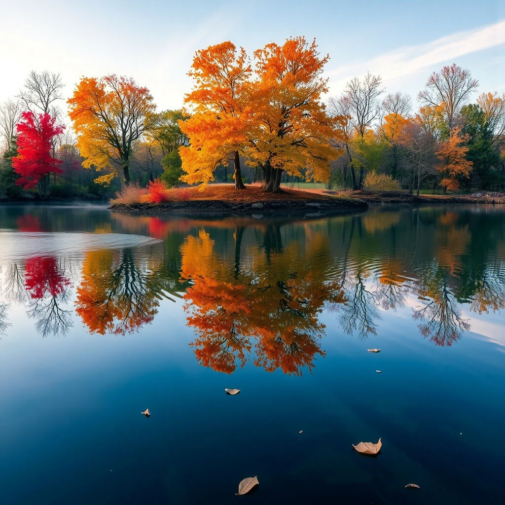 Autumn Trees Reflected in Calm Lake Water