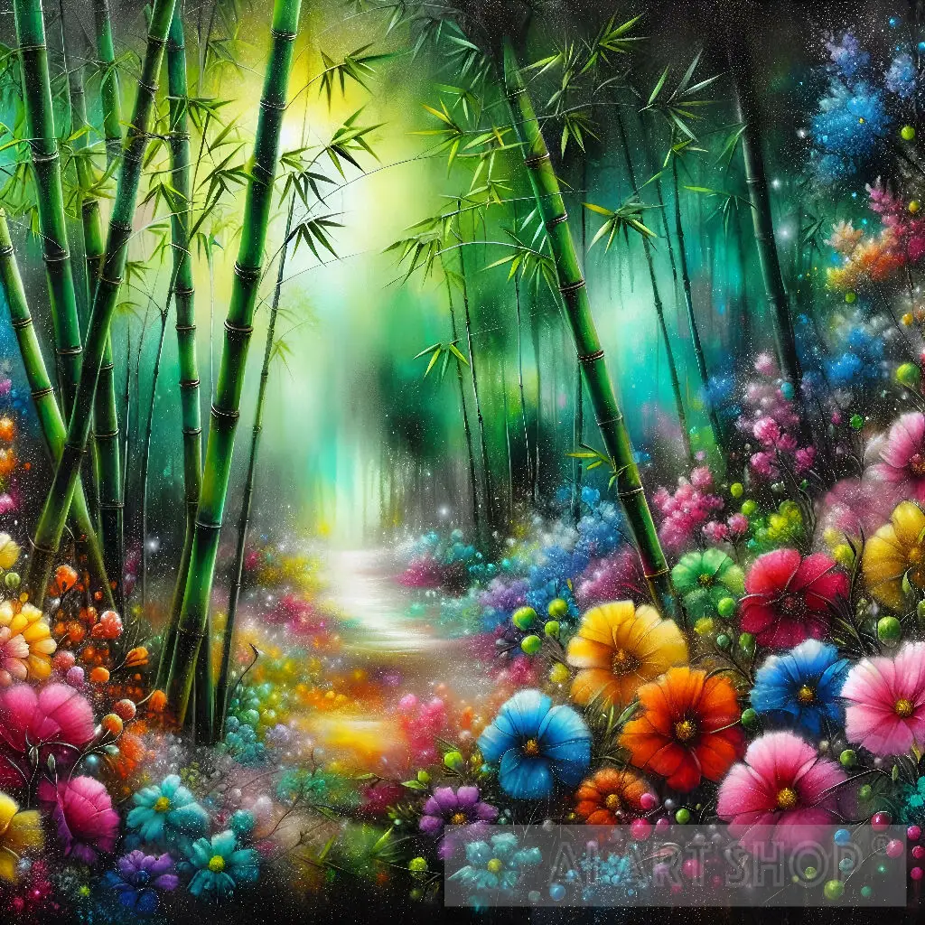 Bamboo Trees with Colorful Flowers