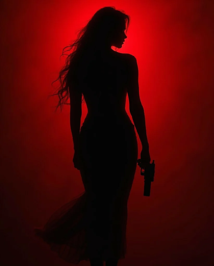 Beautiful ai art of a silhouette of a woman holding a gun