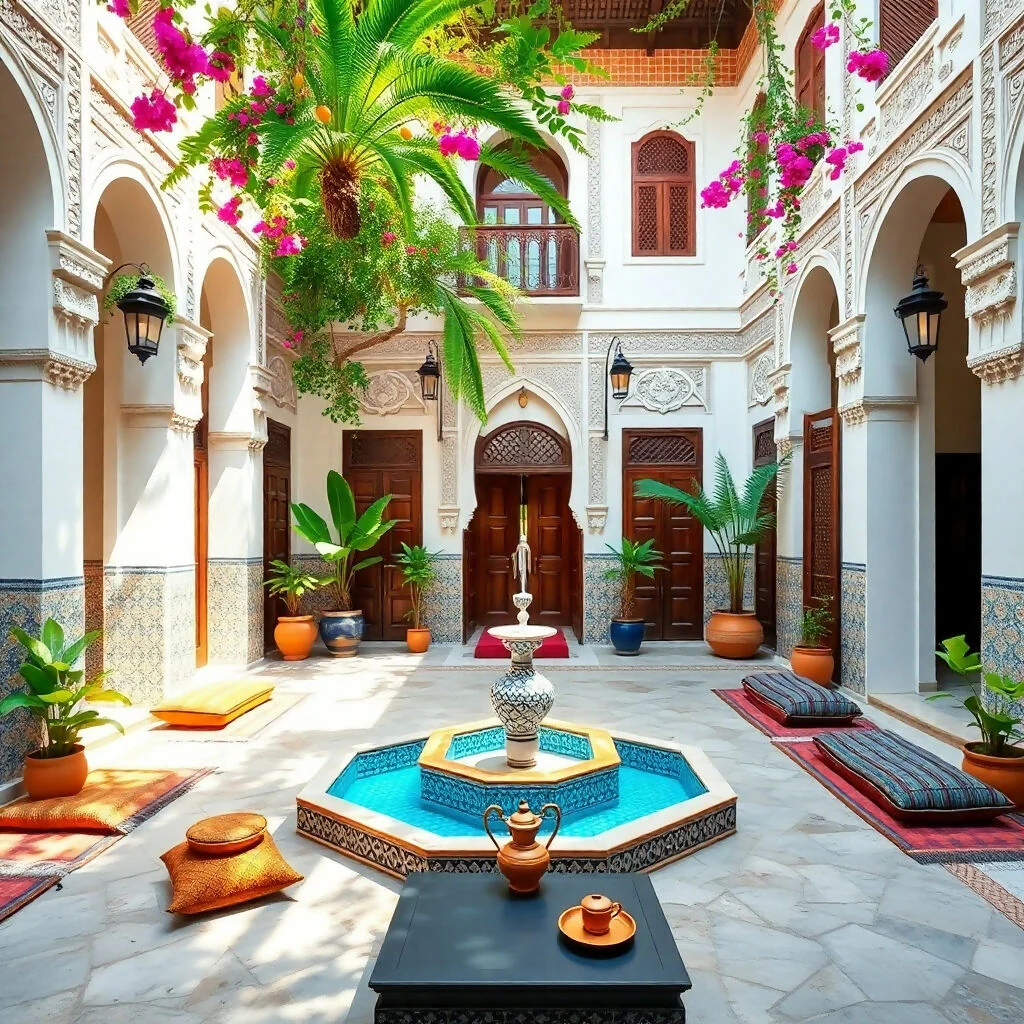 Beautiful Moroccan Riad Courtyard with Fountain and Palms