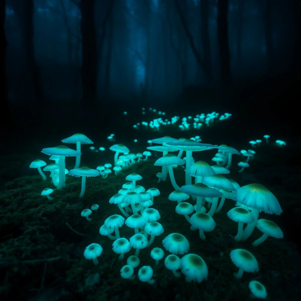 "Bioluminescent Mushrooms Glowing in Dark Forest"