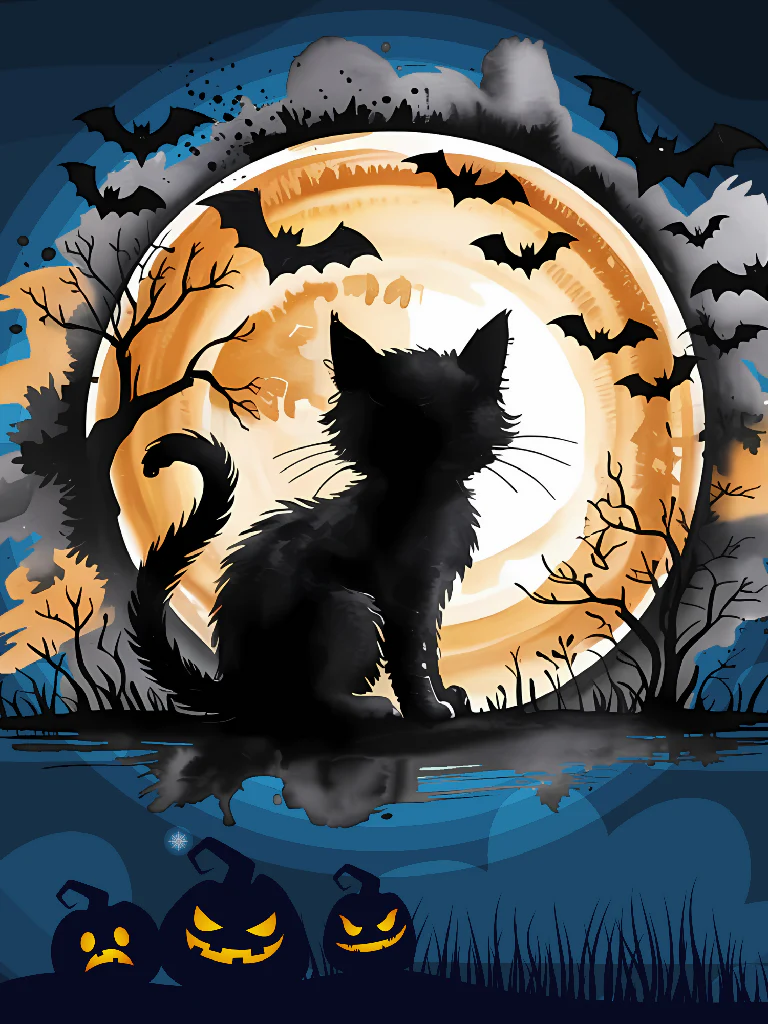 Black Cat Halloween Night Digital Art Print