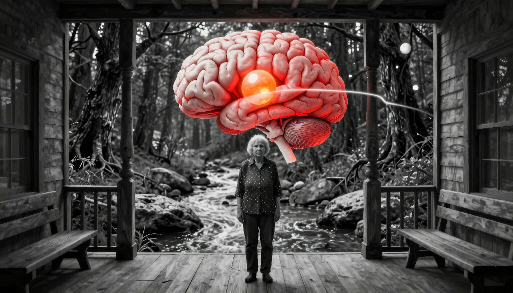 Brain Suspended Above Elderly Woman on Porch