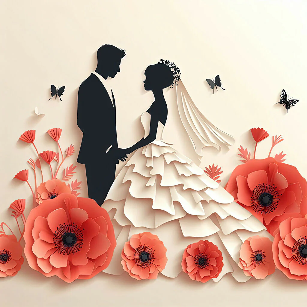 Bride and groom paper art with flowers