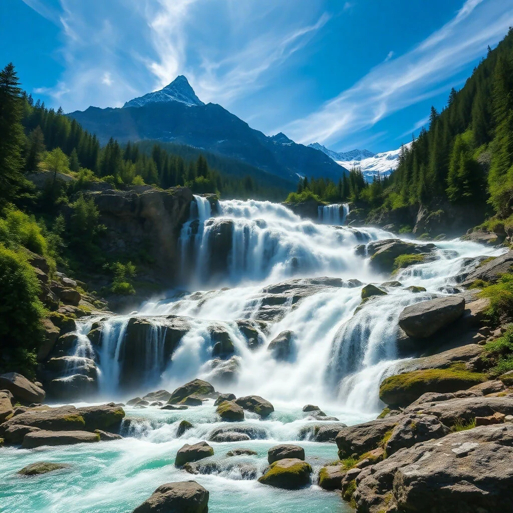 Cascading Mountain Waterfall in Alpine Wilderness